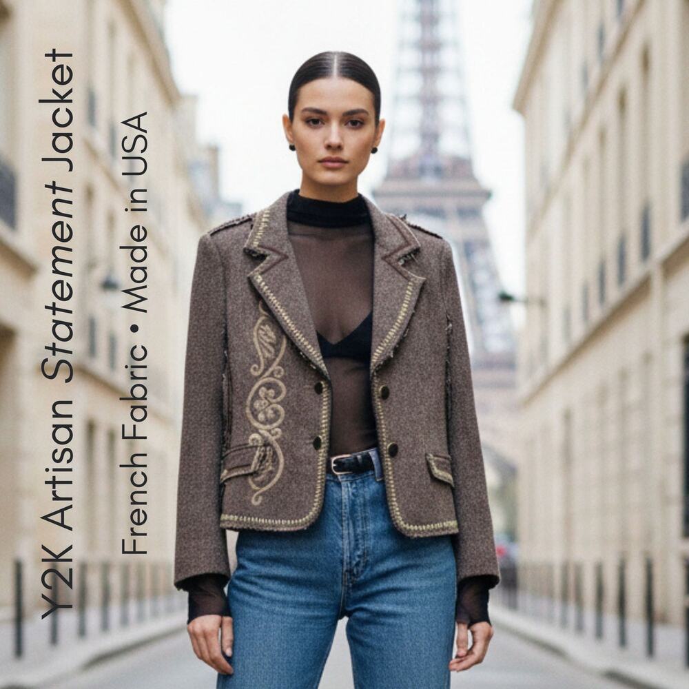 Zone Spy Exchange Tweed Cropped Jacket L | Y2K Artisan Blazer Exposed Seams